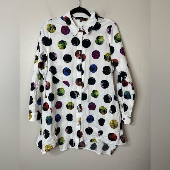 Kocan Multi color Stretchy Cotton Poplin Asymmetrical Hem Button Down Tunic S - Picture 2 of 12